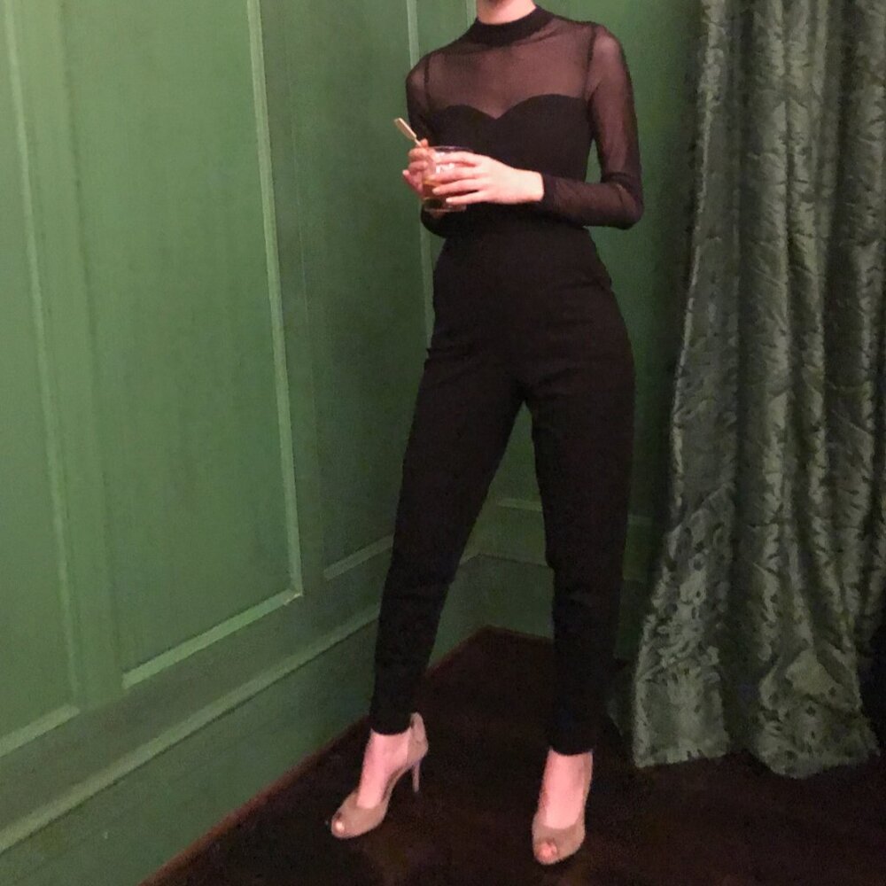 French Connection Long-Sleeve Black Mesh & Jersey Jumpsuit - XS